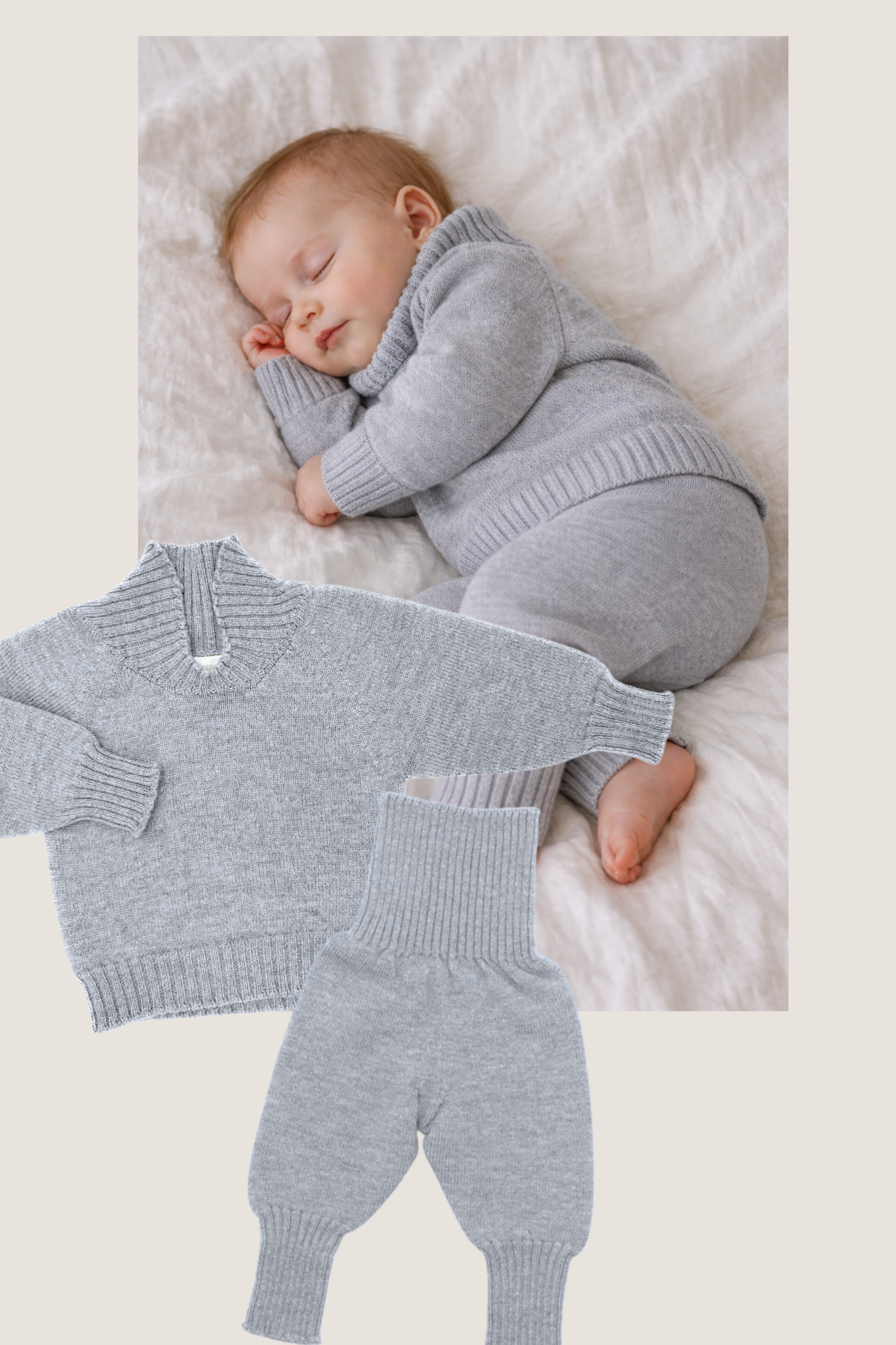 Baby Strickset aus Merinowolle – Pullover & Strickhose in Grau