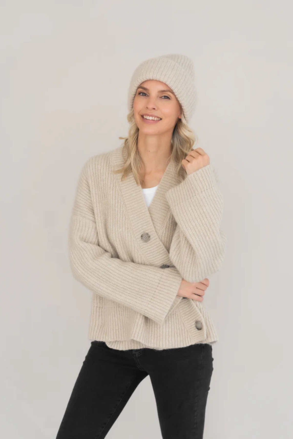 Asymetrischer Cardigan für Erwachsene aus Wolle-Seide-Mix | Beige