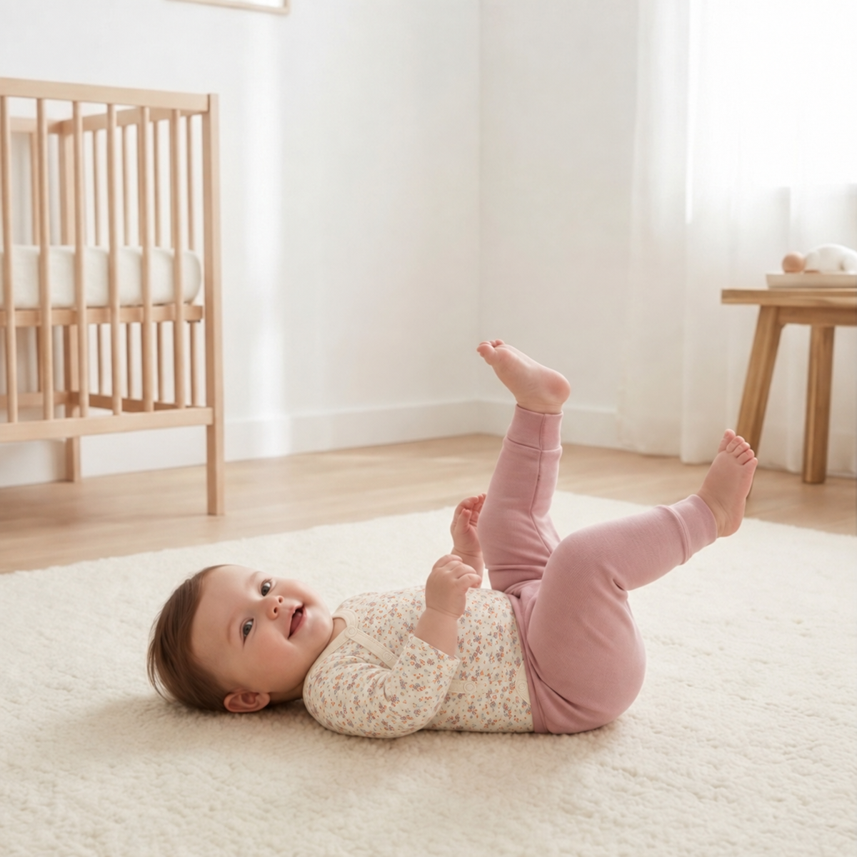 Baby trägt einen weichen Wickelbody aus Bambusviskose mit Blumenmuster | SYNCSON