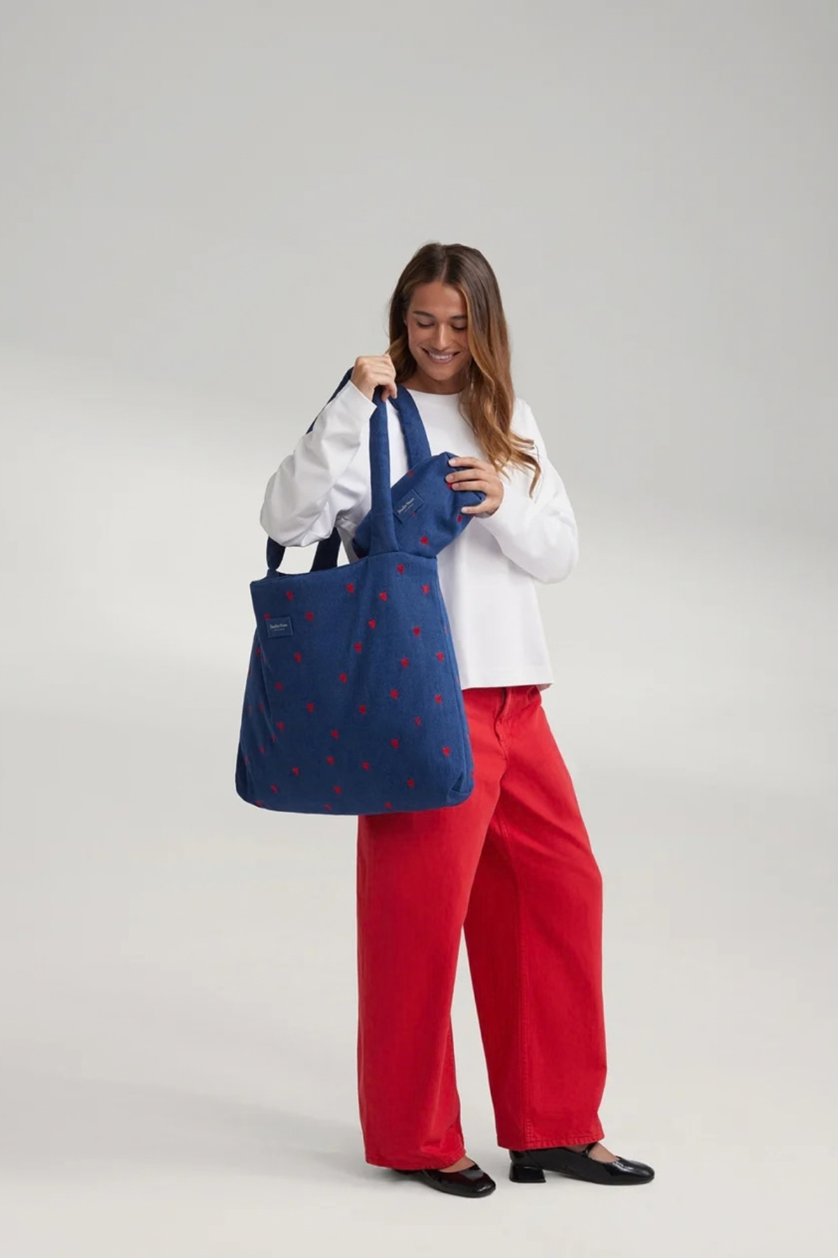Kulturtasche "Denim Pouch" | Dark Blue Red Hearts