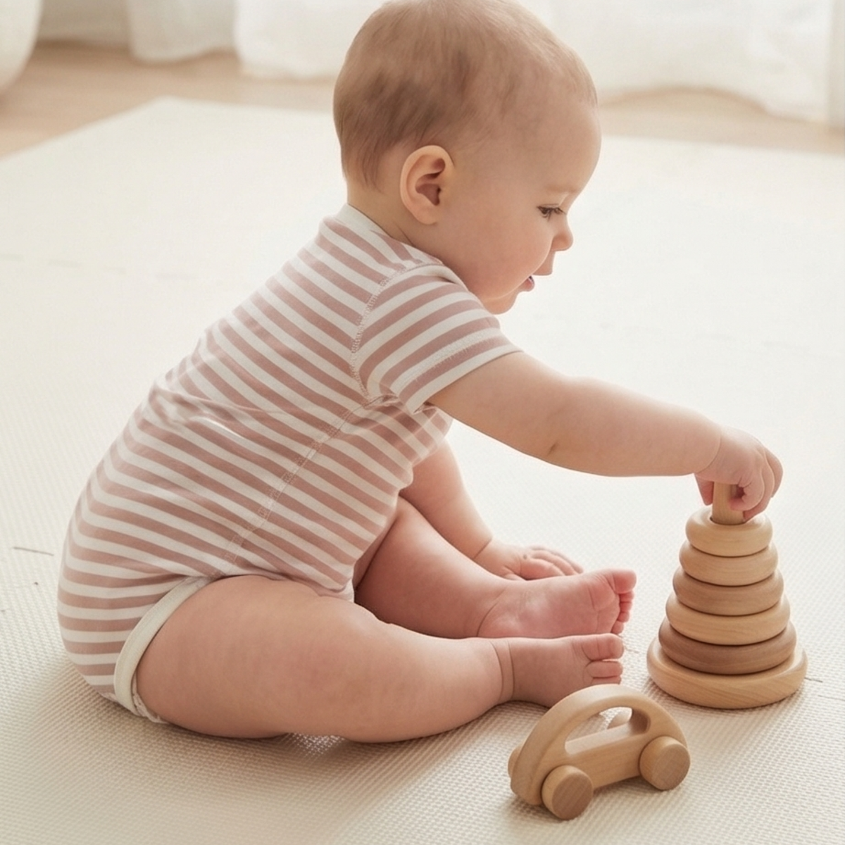 Baby im gestreiften Bambusviskose Kurzarmbody beim Spielen mit Holzspielzeug | SYNCSON